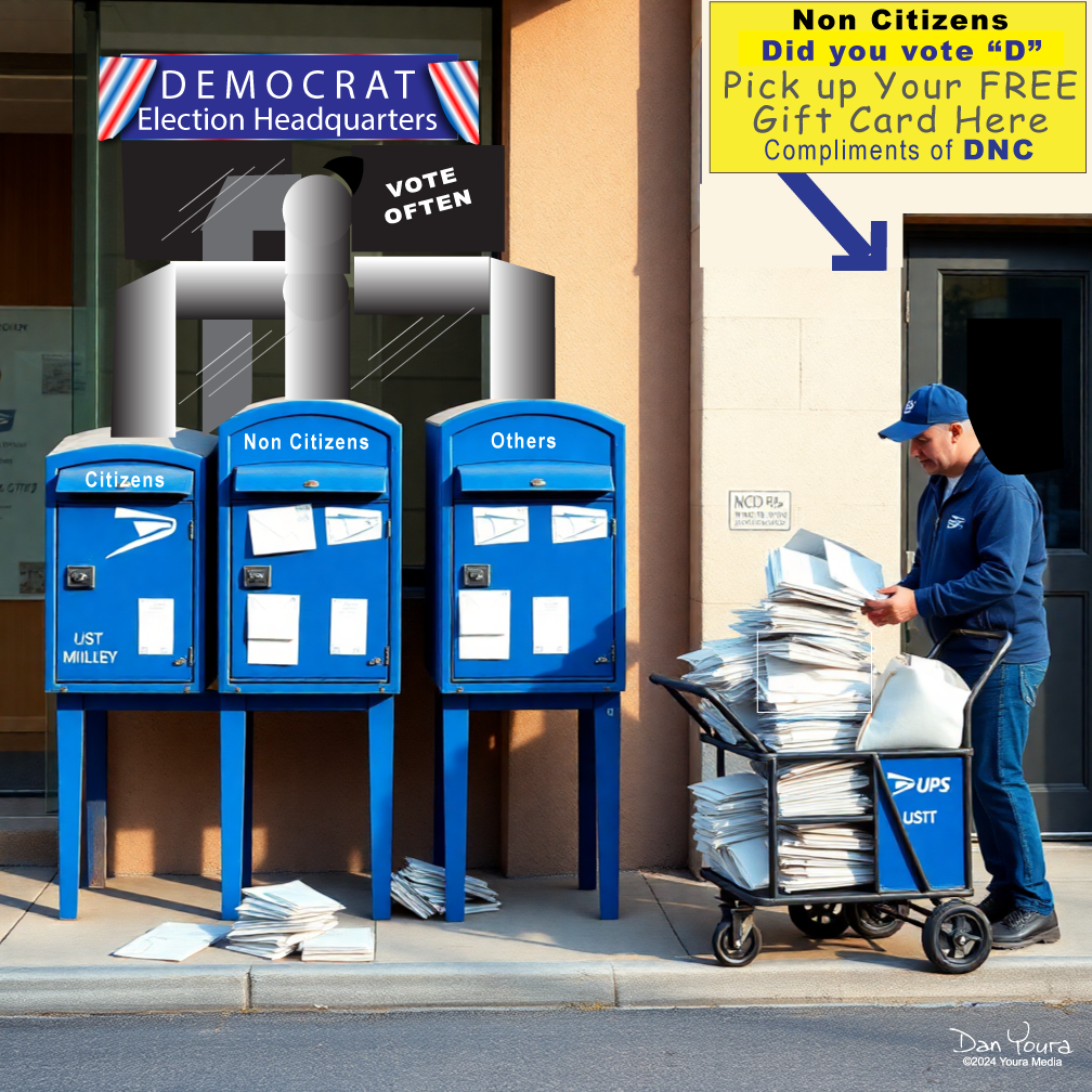 Man loading newspapers into blue Democrat election drop boxes outside a building, with political signs nearby