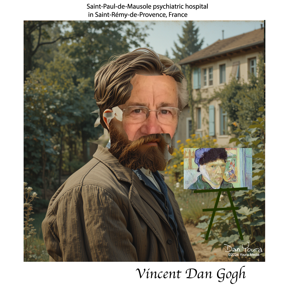 Vincent van Gogh portrait in front of a French countryside hospital scene, with painterly collage details