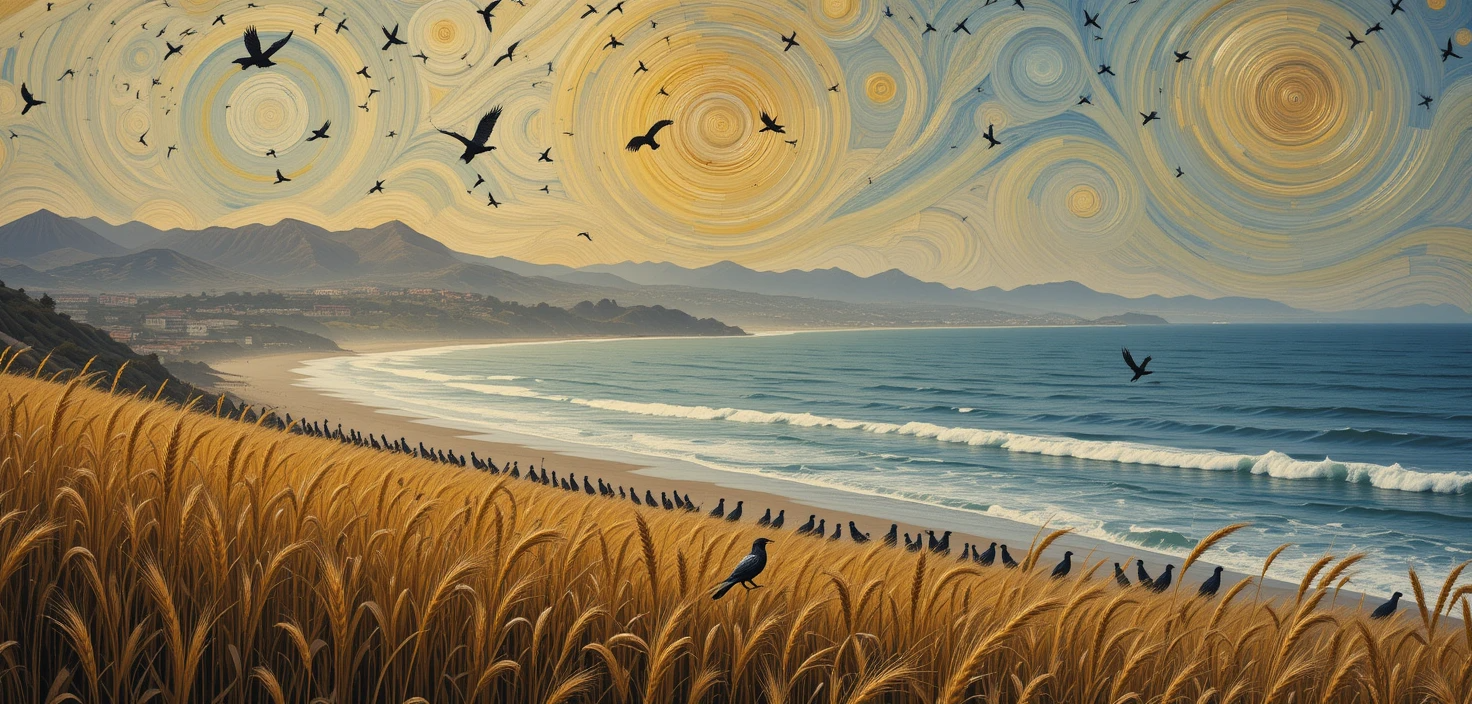 Golden wheat field beside blue ocean under a surreal sky with swirling clouds, birds, and mountains