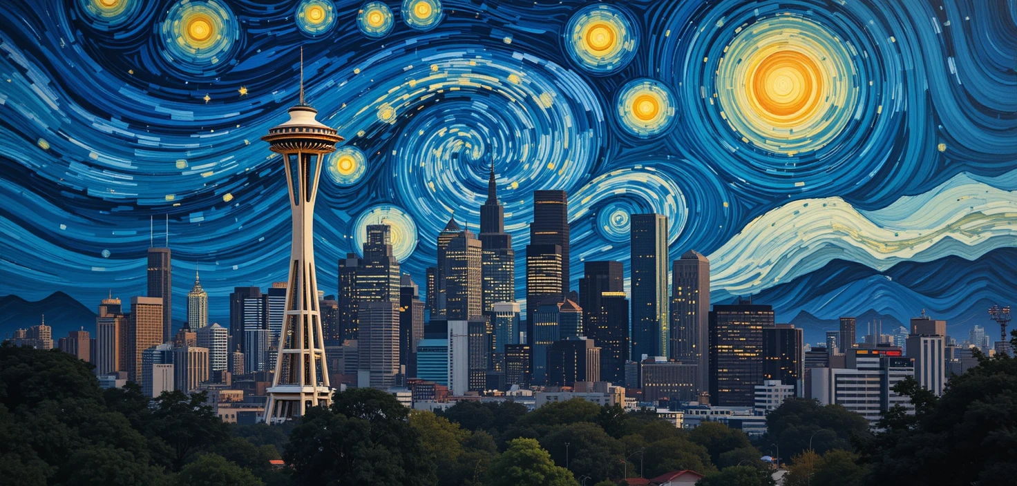 Stylized Seattle skyline at night under a swirling Starry Night sky with the Space Needle lit gold