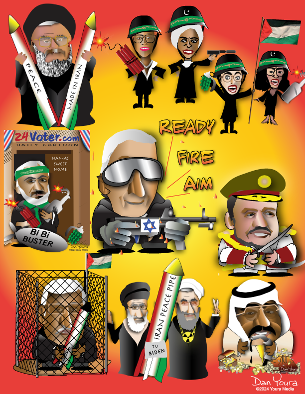 Political cartoon of armed figures and slogans over a red-yellow background, with protest imagery and Palestinian flags