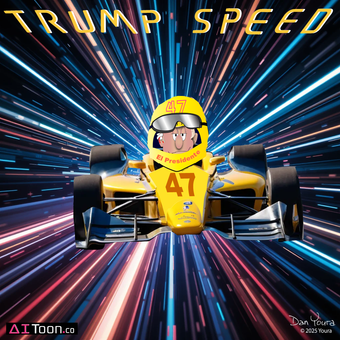 Trump-branded yellow race car speeding through neon light streaks, with a cartoon driver and number 47