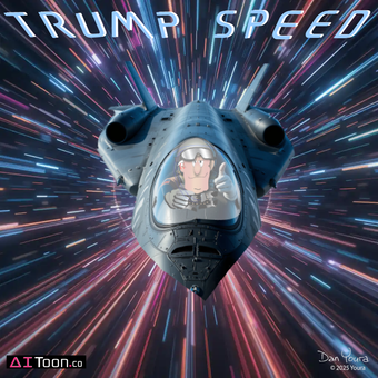Trump on a fighter jet with “TRUMP SPEED” text and a starburst background