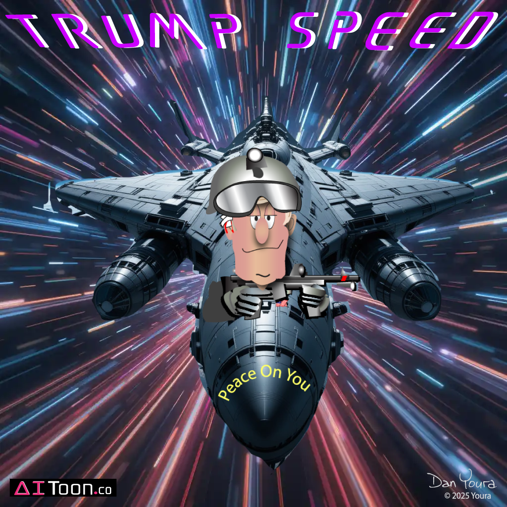 Trump in a fighter jet with “TRUMP SPEED” text and a neon warp-speed background