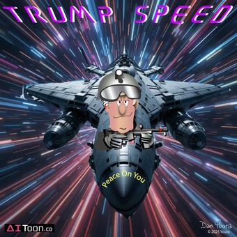 Trump in a fighter jet with “TRUMP SPEED” text and a neon warp-speed background