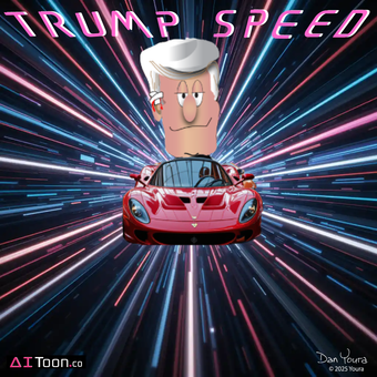 Trump caricature in a red sports car against neon speed streaks, with “TRUMP SPEED” text above.