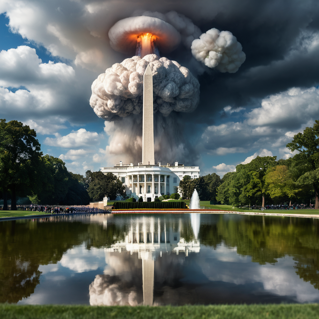 A massive nuclear explosion over the White House, reflected in a still pond under a cloudy sky.