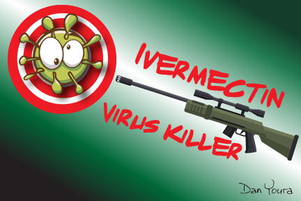 Red-and-green graphic reading “Ivermectin virus killer” with cartoon virus target and rifle illustration