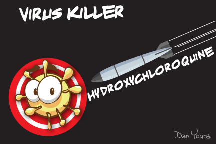 Cartoon of a virus with a syringe labeled “Hydroxychloroquine” and the words “Virus Killer” on black background