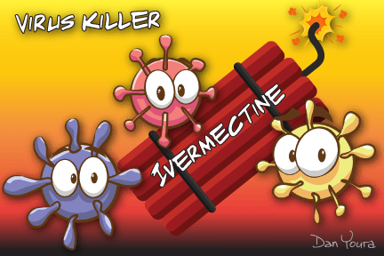 Cartoon viruses with syringe labeled “Ivermectin” and text “Virus Killer” on orange background