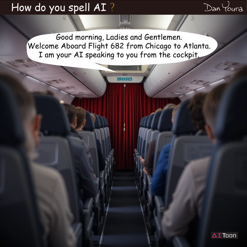 Airplane cabin with a cockpit voice message overlay welcoming passengers aboard Flight 682 to Chicago.