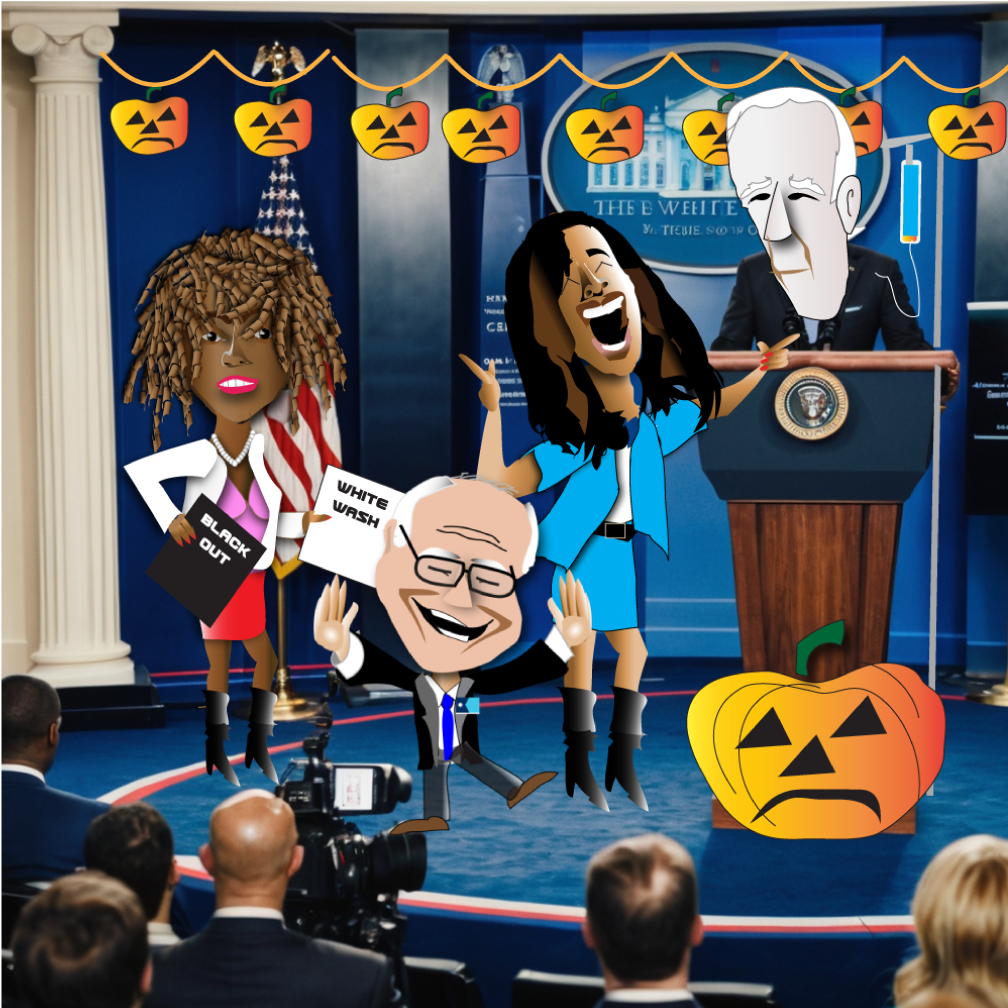 Cartoon debate stage with Halloween pumpkins, podium, and laughing caricatured figures under blue drapes