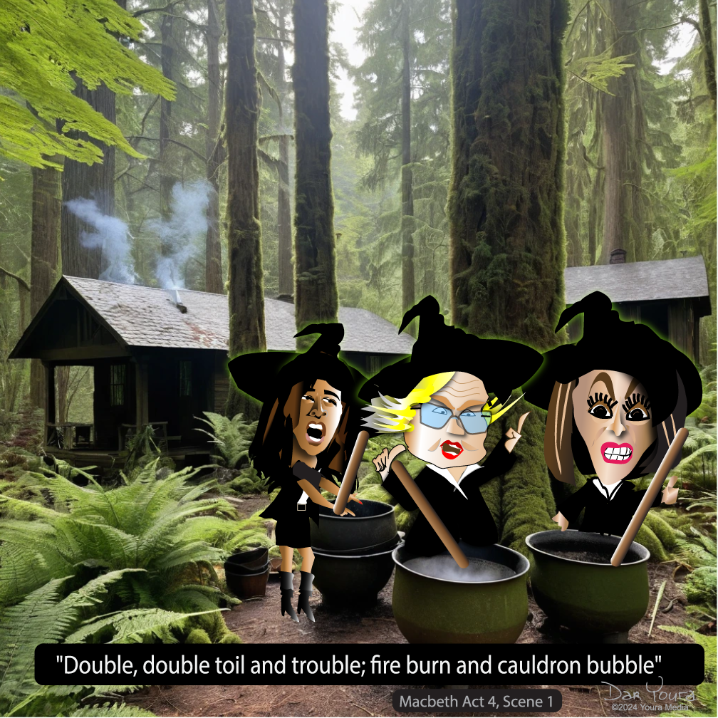 Cartoon witches in black hats stir a cauldron in a misty forest cabin scene.