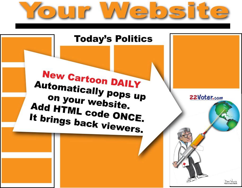 Webpage mockup with orange panels, “Today’s Politics,” and a cartoon man holding up a globe.