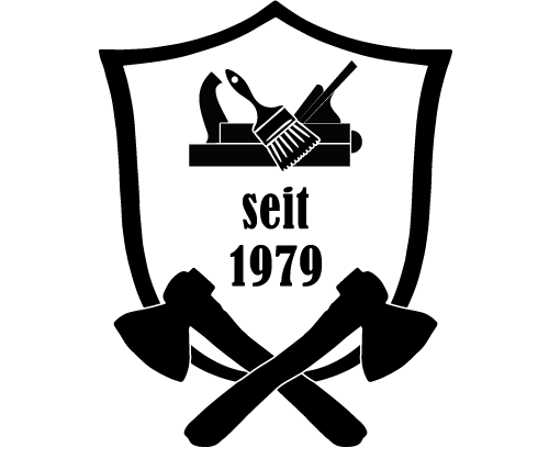 Ein schwarz-weisses Logo mit einem Schild und zwei gekreuzten Äxten.