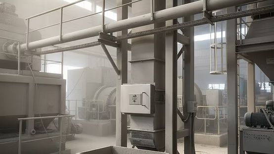 Interior de una fábrica industrial con tuberías metálicas, maquinaria y un espacio de trabajo luminoso y polvoriento