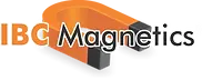 Logotipo de IBC Magnetics con gráfico abstracto de imán en naranja y gris.
