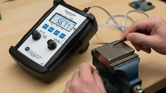 Persona que utiliza un medidor digital de mano para medir una pieza metálica en un taller