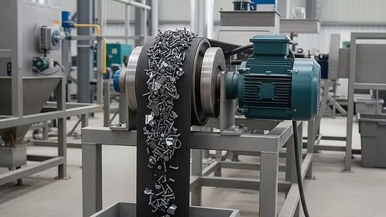 Trituradora industrial con un montón de chatarra en el suelo de una fábrica