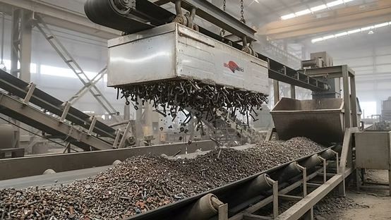 Máquina de clasificación industrial que deja caer residuos sobre una cinta transportadora en una fábrica