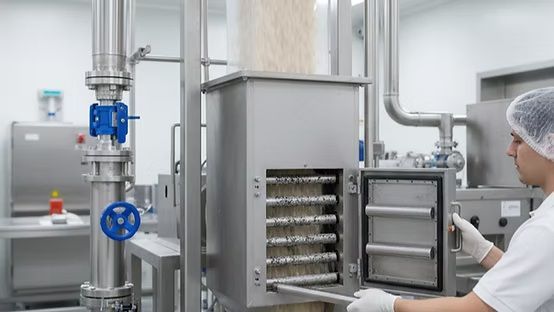 Un trabajador con redecilla inspecciona una máquina industrial abierta en una sala de procesamiento de acero inoxidable