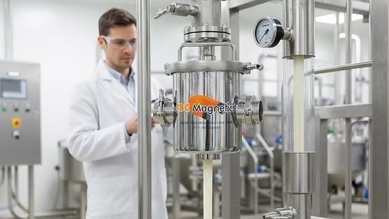 Científico inspeccionando equipos industriales de acero inoxidable en un laboratorio bien iluminado 