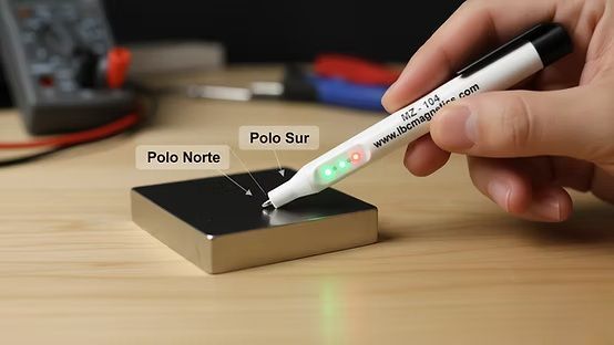 Una mano sostiene un rotulador y señala un bloque negro y marrón con las etiquetas «Polo Sur» y «Polo Norte»