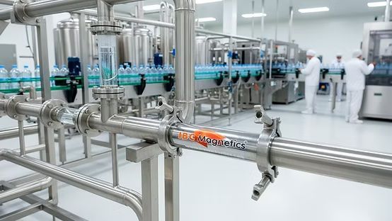 Tuberías y válvulas industriales de acero inoxidable en una fábrica luminosa y limpia, con trabajadores con batas blancas al fondo