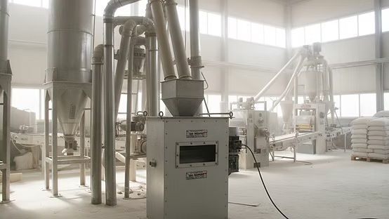 Instalación industrial de procesamiento con silos metálicos, tuberías y equipos de control en el interior de una nave luminosa