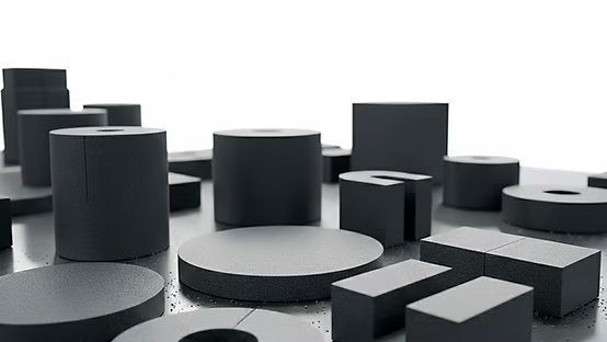 Composición abstracta de cilindros, bloques y discos geométricos negros sobre una superficie blanca