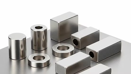 Cilindros, bloques y anillos de metal pulido dispuestos sobre un fondo claro