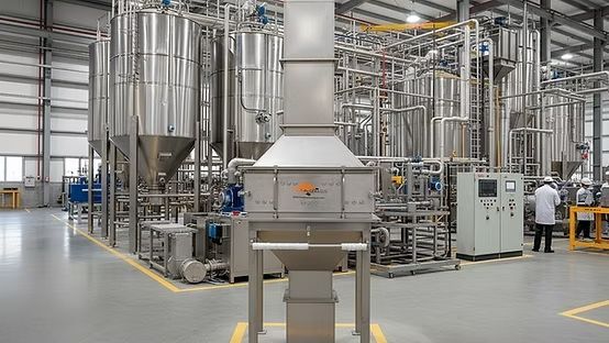 Planta de procesamiento industrial con tanques de acero inoxidable, tuberías y maquinaria en una nave industrial luminosa