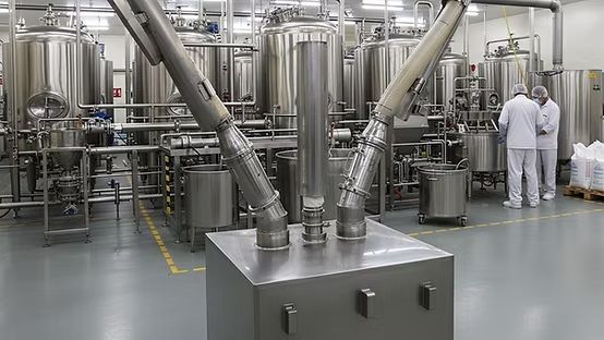 Maquinaria de una fábrica de acero inoxidable con dos trabajadores con batas blancas inspeccionando los equipos.