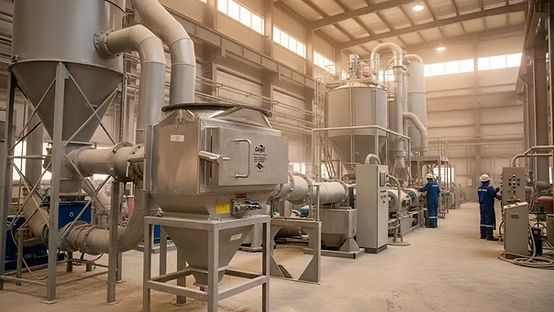 Planta de procesamiento industrial con maquinaria metálica de gran tamaño, conductos y dos trabajadores en una nave bien iluminada.