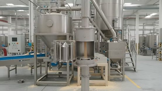 Tanques y tuberías industriales de acero inoxidable para mezclado en una fábrica luminosa.