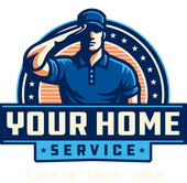 Logo for Your Home Service with a plumber saluting, blue and orange colors, plumbing, sewer, drain services
