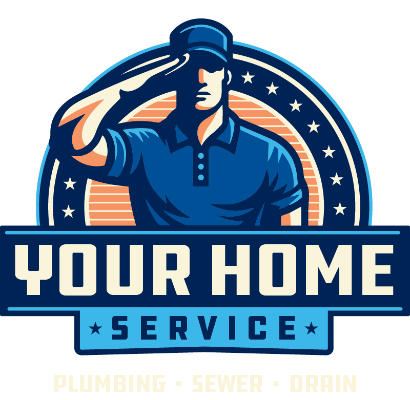 Logo for Your Home Service with a plumber saluting, blue and orange colors, plumbing, sewer, drain services