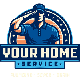 Logo for Your Home Service with a plumber saluting, blue and orange colors, plumbing, sewer, drain services