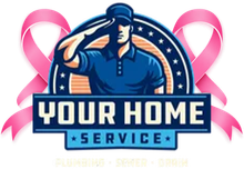 Logo for Your Home Service with a plumber saluting, blue and orange colors, plumbing, sewer, drain services