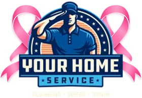 Logo for Your Home Service with a plumber saluting, blue and orange colors, plumbing, sewer, drain services