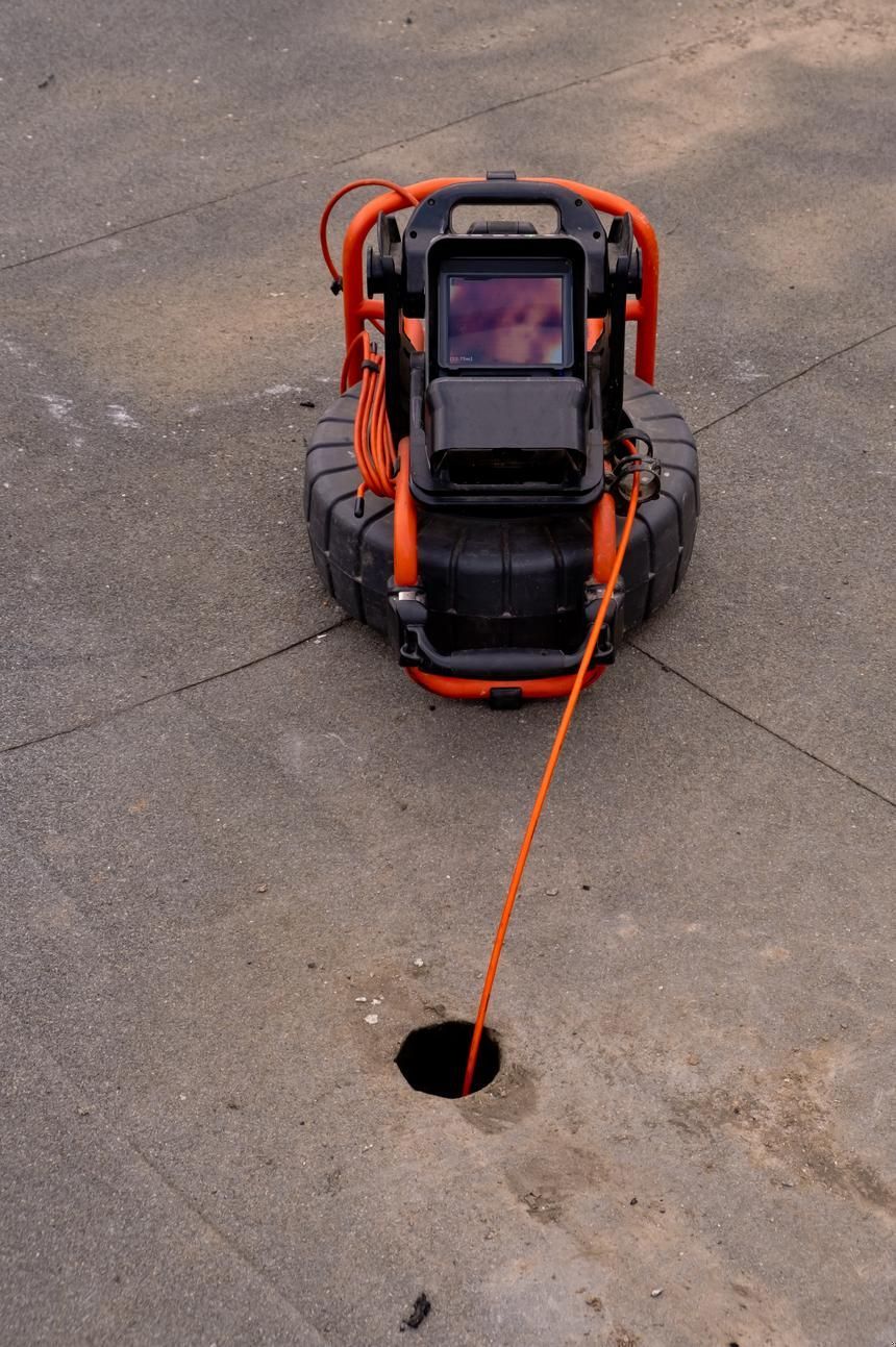 Orange sewer inspection robot on pavement with cable leading to a hole