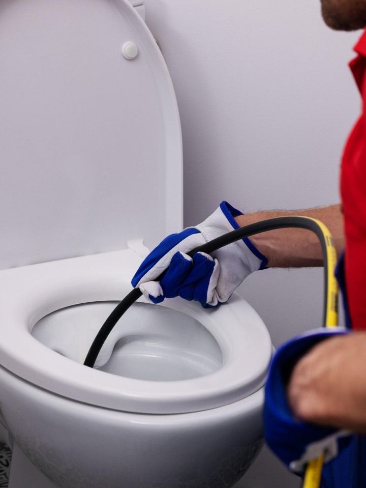 Gloved person cleaning a white toilet bowl with a brush in a bathroom
