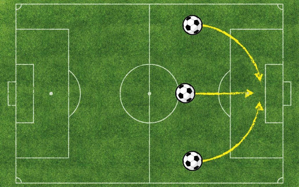 A soccer field with three soccer balls on it.