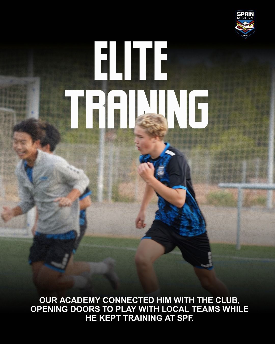 Young soccer players training outdoors, text