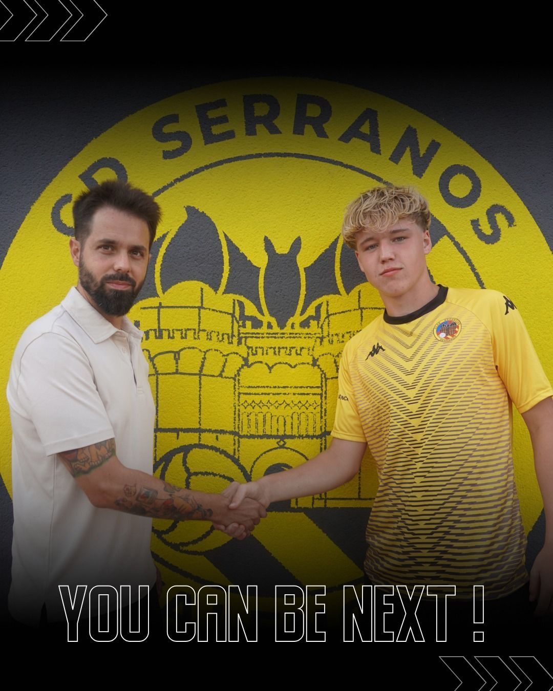 Man and young player shaking hands in front of a yellow and black logo;