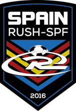 A logo for spain rush spf 2016 with a soccer ball on it