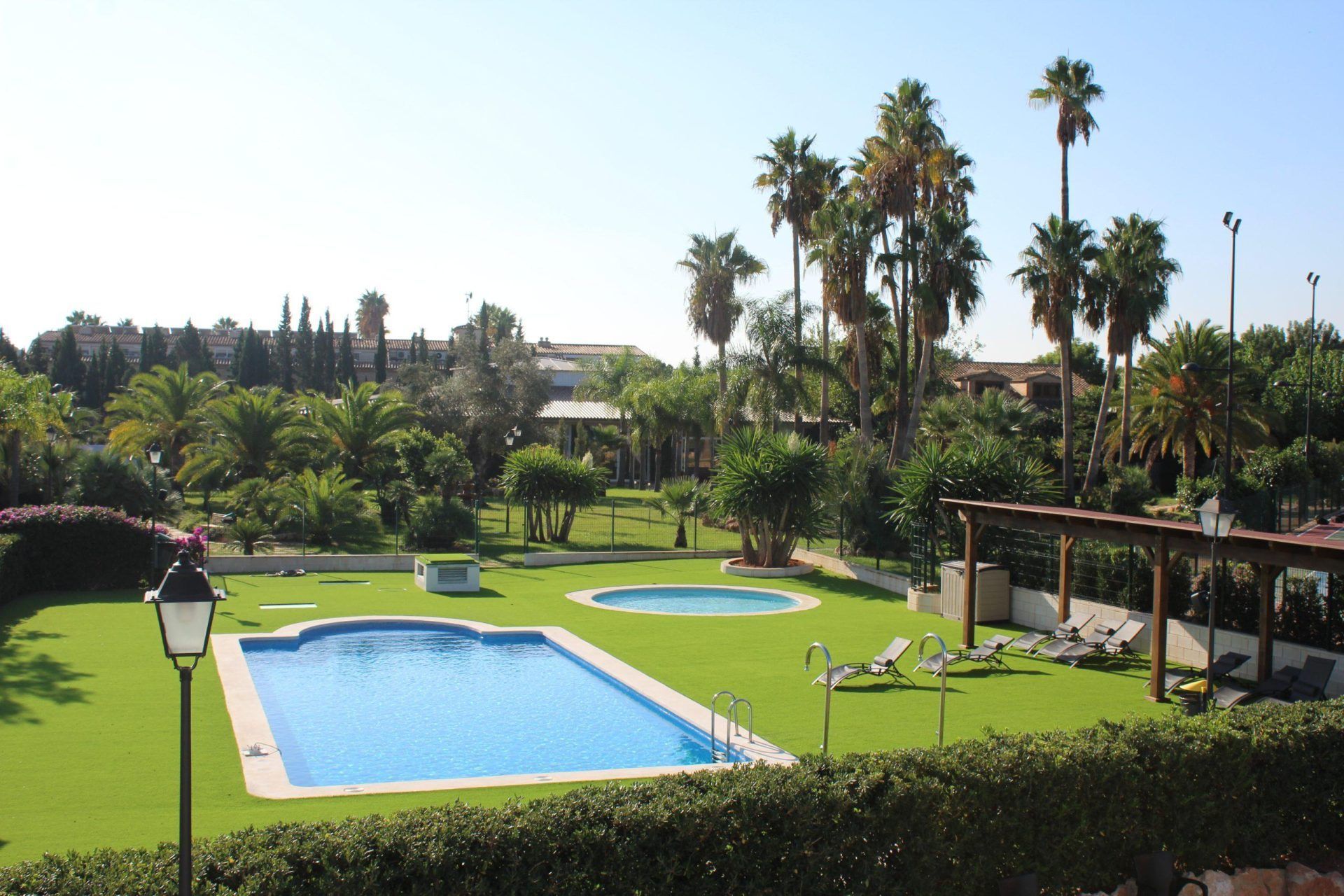 A large swimming pool surrounded by palm trees