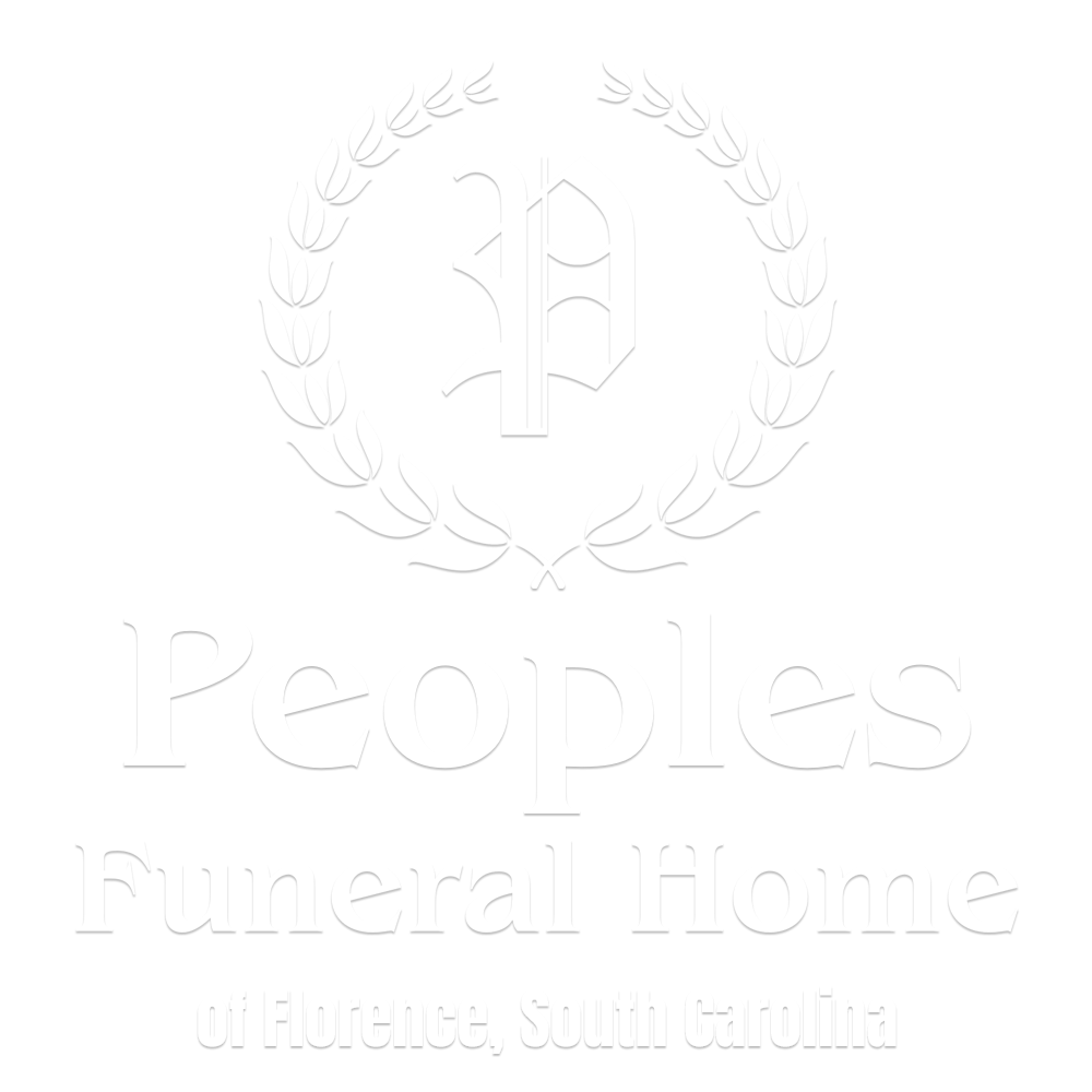 White logo for Peoples Funeral Home of Florence, South Carolina, featuring an ornate letter P inside a laurel wreath.