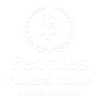 White logo for Peoples Funeral Home of Florence, South Carolina, featuring an ornate letter P inside a laurel wreath.