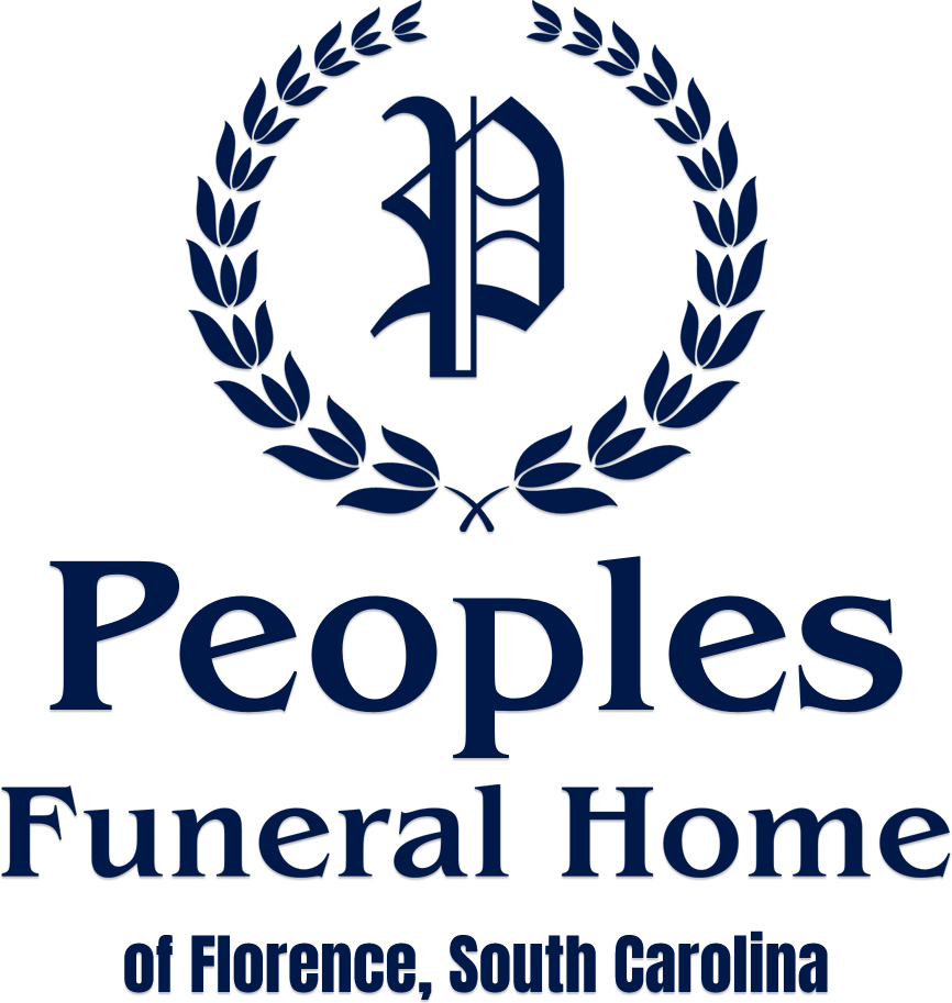 Logo for Peoples Funeral Home of Florence, South Carolina, featuring a letter "P" inside a laurel wreath in dark blue.